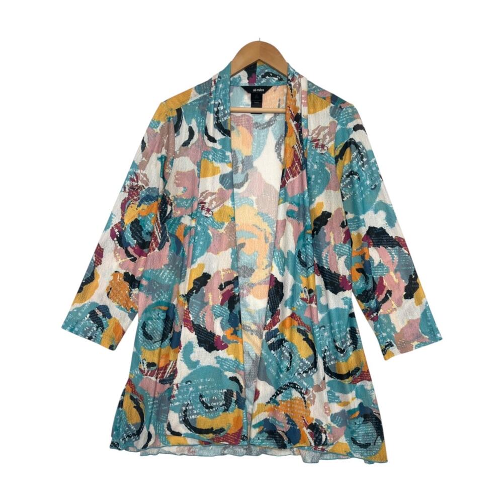 Ali Miles Cardigan Top Womens Large Green Abstract Artsy Sheer Open Front Boho